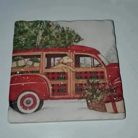 Red Truck and Dog Rustic Christmas Coasters Set of 4 NWT - Picture 3 of 6